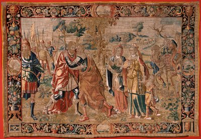 Esau en Jacob. Ontmoeting tussen Jacob en Esau. Derde wandtapijt in de serie. door Flemish School