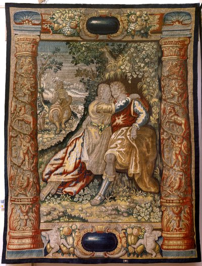 Vlaamse wandtapijt. Serie Galanterie. Koppel met muzikant. Fabriek Brussel, begin 17e eeuw. Stof Zijde en wol, 5/6 scheringen per cm. Grootte 348 x 263 cm. Locatie Kerk van San Millán de la Cogolla, Oncala (Soria). Oorsprong door Flemish School