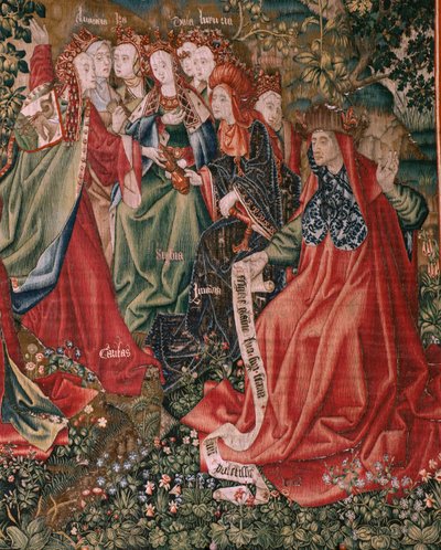 Deugden dagen de ondeugden uit wanneer Christus zijn bediening begint (Las Virtudes desafían a los Vicios cuando Cristo comienza su ministerio). Zesde wandtapijt in de serie. door Flemish School