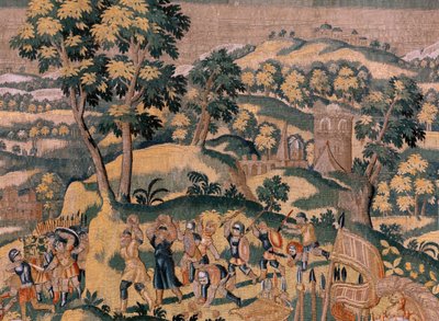 Vlaamse wandtapijt. Serie Verhaal van Cyrus. No VI Tomyris beveelt het hoofd van Cyrus in een vat met bloed te dompelen. Anoniem, gebaseerd op Michiel Coxcie. Atelier Antwerpen. door Flemish School
