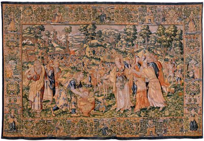 Vlaams wandtapijt. Serie Verhaal van Cyrus. Tomyris beveelt het hoofd van Cyrus in een vat bloed te dompelen. Anoniem, gebaseerd op Michiel Coxcie. Atelier Antwerpen. Zijde en wol. door Flemish School