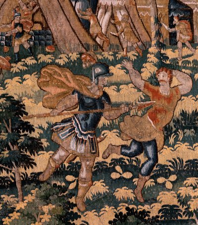 Vlaamse wandtapijt. Serie Verhaal van Cyrus. Nr. V Gevecht tussen twee krijgers en de dood van Cyrus. Anoniem, gebaseerd op Michiel Coxcie. Atelier Antwerpen. Ca 1590. door Flemish School
