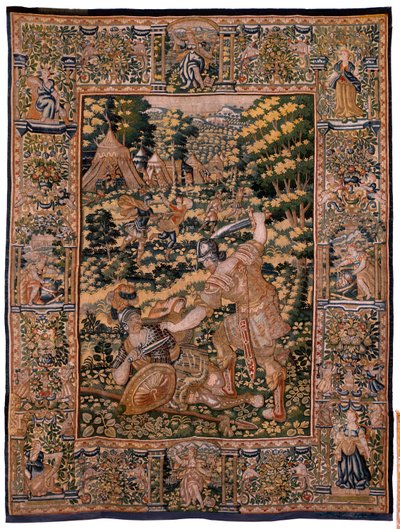 Vlaamse wandtapijt. Serie Verhaal van Cyrus. Nr. V Gevecht tussen twee krijgers en de dood van Cyrus (Combate de dos guerreros y muerte de Ciro). Anoniem, gebaseerd op Michiel Coxcie. Atelier Antwerpen. Zijde en wol. Ca 1590. door Flemish School