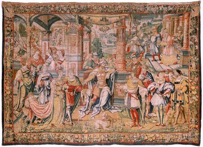 Vlaams wandtapijt. Serie Verhaal van David. David voor Saul. Model door Bernard van Orley. Manufacture Brussel. Ca1525. Zijde en wol. Locatie Kathedraal van Burgos. Oorsprong Een legaat aan de kathedraal in 1535 door Card door Flemish School