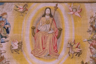 De Apocalyps: Sint-Michiel verslaat de draak. Ca 1553-1555. (detail) door Flemish School