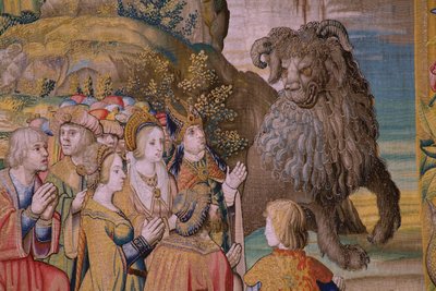 De Apocalyps: Sint-Michiel verslaat de draak. Ca 1553-1555. (detail) door Flemish School