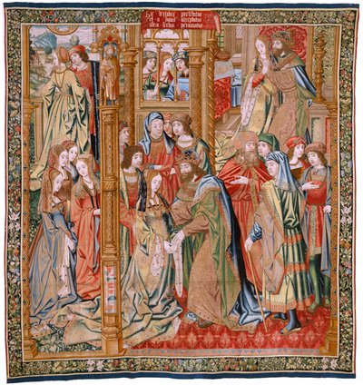 Vlaams wandtapijt. Serie De geschiedenis van David en Bathseba. Huwelijk van David en Bathseba. Tweede paneel van de serie. Model Anoniem. Manufacture Onbekend, Brussel. 1505. Stof Goud, zijde en wol. door Flemish School