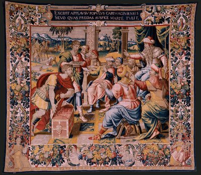 Vlaams wandtapijt. Serie De Geschiedenis van Hannibal. Mago, Hannibals boodschapper, in Carthago. Vijfde wandtapijt van de bewaarde. Modellen Anonieme meester van Nederland. Brusselse manufacture, werkplaats. Ca 1570. Fab door Flemish School