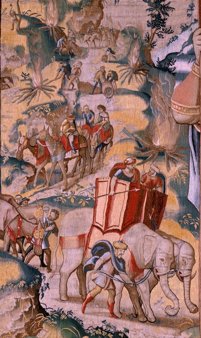 Vlaams wandtapijt. Serie De geschiedenis van Hannibal. De oversteek van de Alpen. Tweede wandtapijt van de bewaarde. door Flemish School