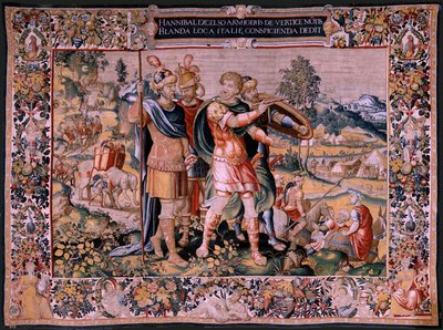 Vlaamse wandtapijt. Serie De Geschiedenis van Hannibal. De oversteek van de Alpen. Tweede wandtapijt van de bewaarde. Anonieme meester van Nederland. Brussel, ca. 1570. Wol en zijde door Flemish School