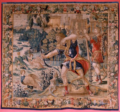 Vlaamse wandtapijt. Serie De werken van Hercules. Hercules en de Stymphalische vogels. Eerste wandtapijt in de bestaande serie. Model onbekend. Fabrikant Willem Dermoyen, Brussel. Ca 1528. door Flemish School