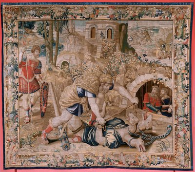 Vlaamse wandtapijt. Serie De werken van Hercules. Hercules vangt Cerberus. Zesde wandtapijt in de bestaande serie. Manufacture Willem Dermoyen, Brussel. Ca 1528 door Flemish School
