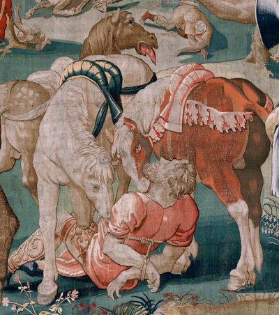 Vlaamse wandtapijt. Serie De werken van Hercules. De paarden van Diomedes. Derde wandtapijt in de bestaande serie. Model onbekend. Fabriek Willem Dermoyen, Brussel. Ca 1528. door Flemish School