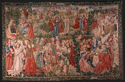 Vlaams wandtapijt. Serie De gelijkenis van de arbeiders in de wijngaard. De oproep aan de arbeiders. Eerste wandtapijt in de serie. Manufacture Brussel, Pieter van Aelst’s ateliers (?). Ca 1500. Stof Zijde en wol, 6 scheringen per cm. door Flemish School