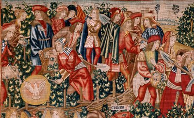 Vlaams wandtapijt. Serie De gelijkenis van de arbeiders in de wijngaard. De betaling van de denarius. Tweede wandtapijt in de serie. Manufacture Brussel, Pieter van Aelst’s ateliers (?). Ca 1500. Stof Zijde en wol, 6 scheringen per cm. door Flemish School