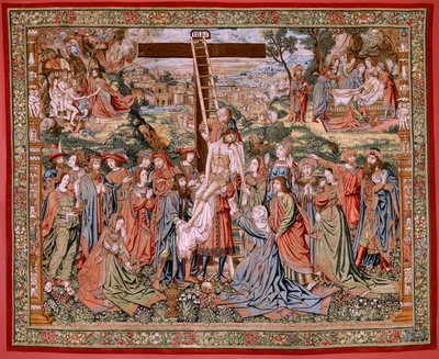 Vlaams wandtapijt. Serie De Passie van Christus. De kruisafneming. De tweede wandtapijtserie van de Passie van Christus behorend tot het Patrimonio Nacional. Model Tekenaar uit de kring van Jan van Roome. Manufacture Pieter va door Flemish School