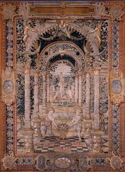 Vlaams wandtapijt. Serie Vertumnus en Pomona. Zevende wandtapijt van de serie; Vertumnus veranderd in een visser (middenstuk). Modellen Kring van Pieter Coecke Van Aelst en Léonard Thiry. Manufacture Onbekende werkplaats, Brussel. Voor 1550. door Flemish School
