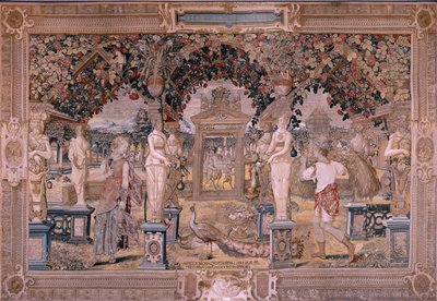 Vlaamse wandtapijt. Serie Vertumnus en Pomona. Vertumnus getransformeerd in een oogster. Eerste tapijt in de serie. Model Cirkel van Pieter Coeck van Aelst. Ca 1545-1550. door Flemish School