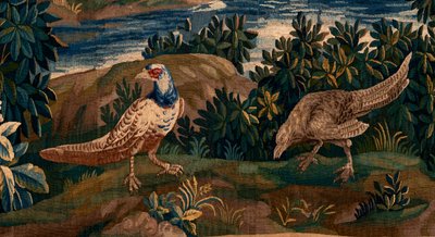 Vlaamse wandtapijt. Zogenaamde Verdure (Landschap met water, bomen en fazanten). Atelier van Oudenaarde. 17e eeuw. door Flemish School