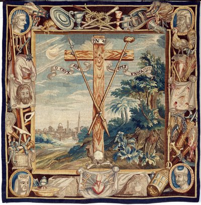 Vlaamse wandtapijt. De Verheerlijking van het Heilige Kruis. 17e eeuw. Eigendom van de Sint-Walburgakerk Oudenaarde. door Flemish School
