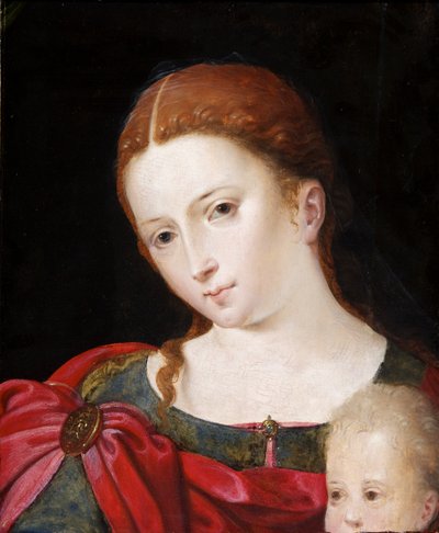 Hoofd en schouders van een meisje in rode mantel over blauwe jurk, ca. 1550 door Flemish School