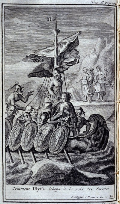 Hoe Ulysses ontsnapte aan de stem van de sirene. Illustratie voor boek XII van de Odyssee van Homeros, gepubliceerd in Amsterdam in 1731, privécollectie Milaan door Flemish School