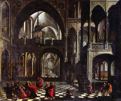 Interieur van een kerk, of Jezus die de kooplieden uit de tempel verjaagt door Flemish School