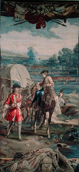 Landschap met gevechtsscène en paard en wagen op de voorgrond, uit de serie 