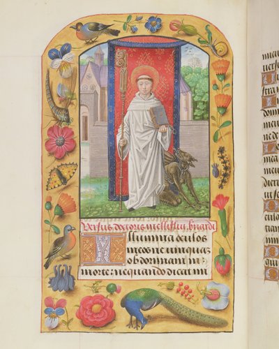 St. Bernard in een cisterciënzer habijt met een geketende duivel achter hem, uit een Getijdenboek, waarschijnlijk Brugge, ca.1500-05 door Flemish School
