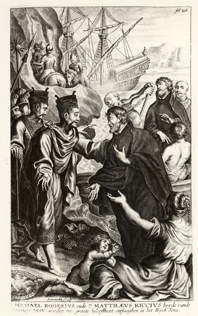 Michael Rogerius (1543-1607) en Matthaeus Riccius (1552-1610) arriveren aan de kust van China, illustratie uit een kerkgeschiedenis door P. Cornelius Hazart, gepubliceerd in Antwerpen, 1668 door Flemish School