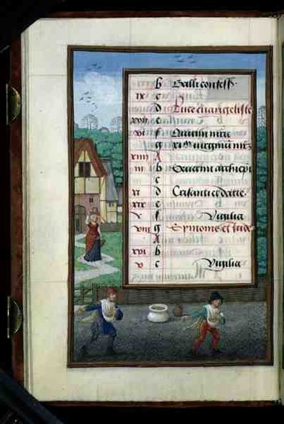 Ms 1058-1975 f.10v Twee mannen die graan zaaien, verlichte kalenderpagina voor oktober, uit een Getijdenboek, ca.1500 door Flemish School