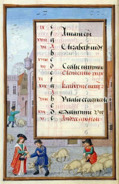 Varkens verkopen op de markt, kalenderpagina voor november, uit een Getijdenboek, ca. 1500 door Flemish School