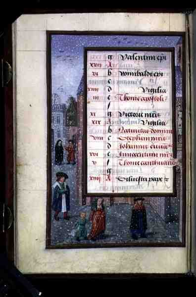 Ms 1058-1975 f12v Sneeuw in een straat, verlichte kalenderpagina voor december, uit een Getijdenboek, c.1500 (perkament) door Flemish School