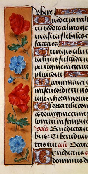 Detail van een bloemenrand uit een Getijdenboek, ca. 1500 door Flemish School