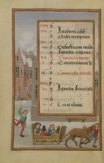 Ms 1058-1975 f1v Straatscène in de sneeuw, verlichte kalenderpagina voor januari, uit een getijdenboek, ca. 1500 door Flemish School