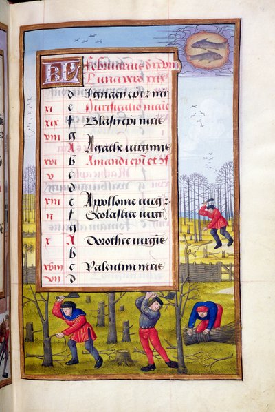 Bomen kappen en takken binden, uit een Getijdenboek, ca. 1500 door Flemish School