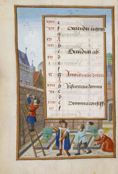 Eigenaar geeft orders aan zijn tuinmannen, kalenderpagina voor maart, uit een Getijdenboek, ca. 1500 door Flemish School