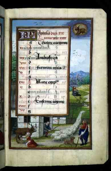 Ms 1058-1975 f4r Boerderijscène, verlichte kalenderpagina voor april, uit een Getijdenboek, ca.1500 (perkament) door Flemish School