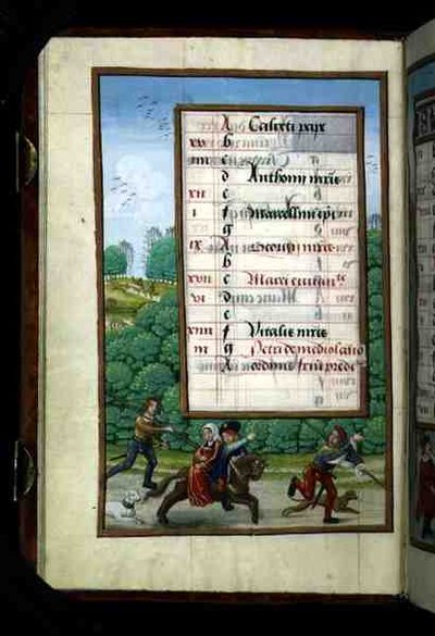 Een Meester en zijn Dame Rijden met de Jacht, verlichte kalenderpagina voor april, uit een Getijdenboek, ca.1500 door Flemish School
