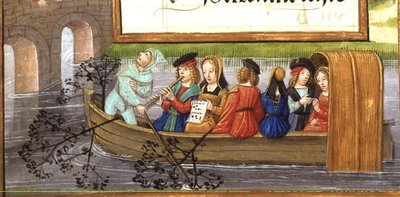 Ms 1058-1975 f.5v Muzikanten varen over een rivier, uit een 
