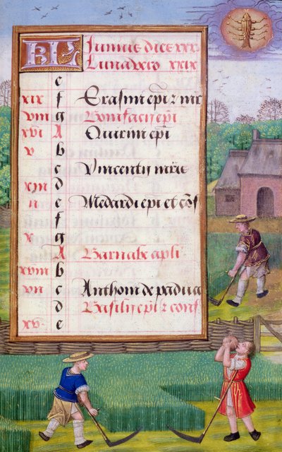 Ms 1058-1975 f6r Gras maaien, verlichte kalenderpagina voor juni, uit een Getijdenboek, ca.1500 door Flemish School