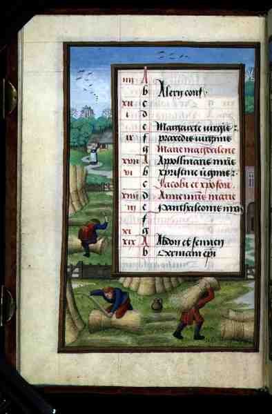 Binden en Dragen van Schoven, verlichte kalenderpagina voor juli, uit een Getijdenboek, ca.1500 door Flemish School