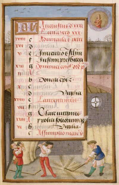 Graan dorsen in de schuur, kalenderpagina voor augustus, uit een Getijdenboek, ca. 1500 door Flemish School