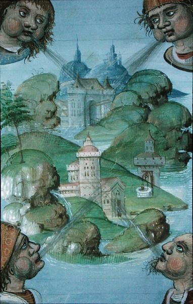 Ms Hunter 9 f.47v Vier winden blazen op hoeken van een zee-omgeven landschap, uit 