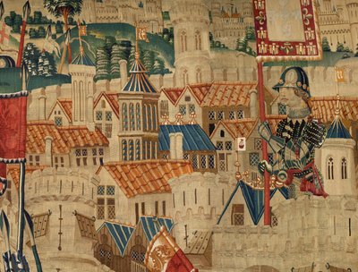 Parochiemuseum van wandtapijten. Vlaamse wandtapijt. De inname van Tanger. Serie Veroveringen van koning Alfonso I van Portugal. Tournai. Wol en zijde. door Flemish School