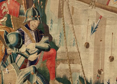 Parochiemuseum van wandtapijten. Vlaamse wandtapijt. De landing in Arzila. Serie Veroveringen van koning Alfonso I van Portugal. Tournai. Wol. door Flemish School