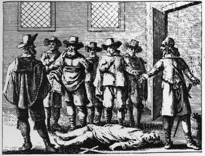 Tovenaar bezweken aan marteling - gravure uit 1725 in 