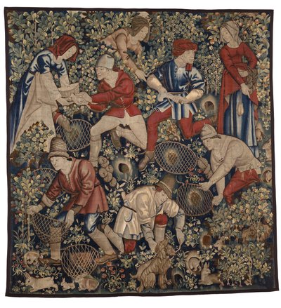 Wandtapijt met boeren die konijnen jagen met fretten, Tournai, c.1450-75 door Flemish School