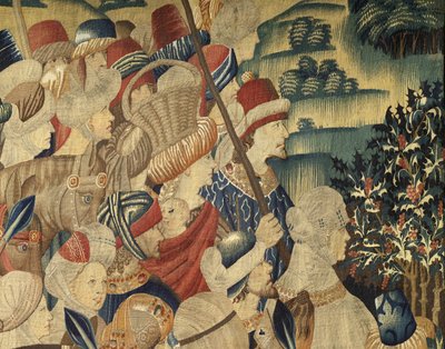 Wandtapijt met de veroveringen van koning Alfonso V van Portugal (Conquistas de Alfonso V de Portugal), Tournai. Detail. (Wol en zijde) door Flemish School