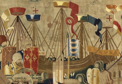 Wandtapijt met de veroveringen van koning Alfonso V van Portugal (Conquistas de Alfonso V de Portugal), Tournai. Detail. (Wol en zijde) door Flemish School